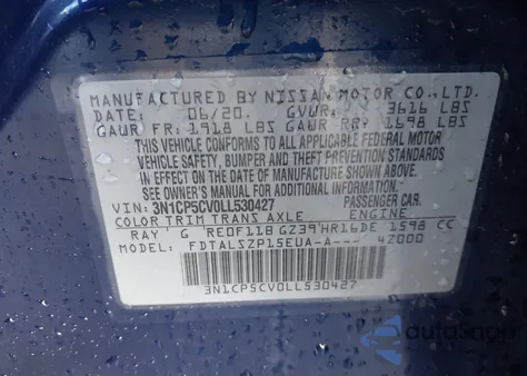 2020 Nissan Kicks Sv Xtronic Cvt из США, поврежденный, VIN 3N1CP5CV0LL530427